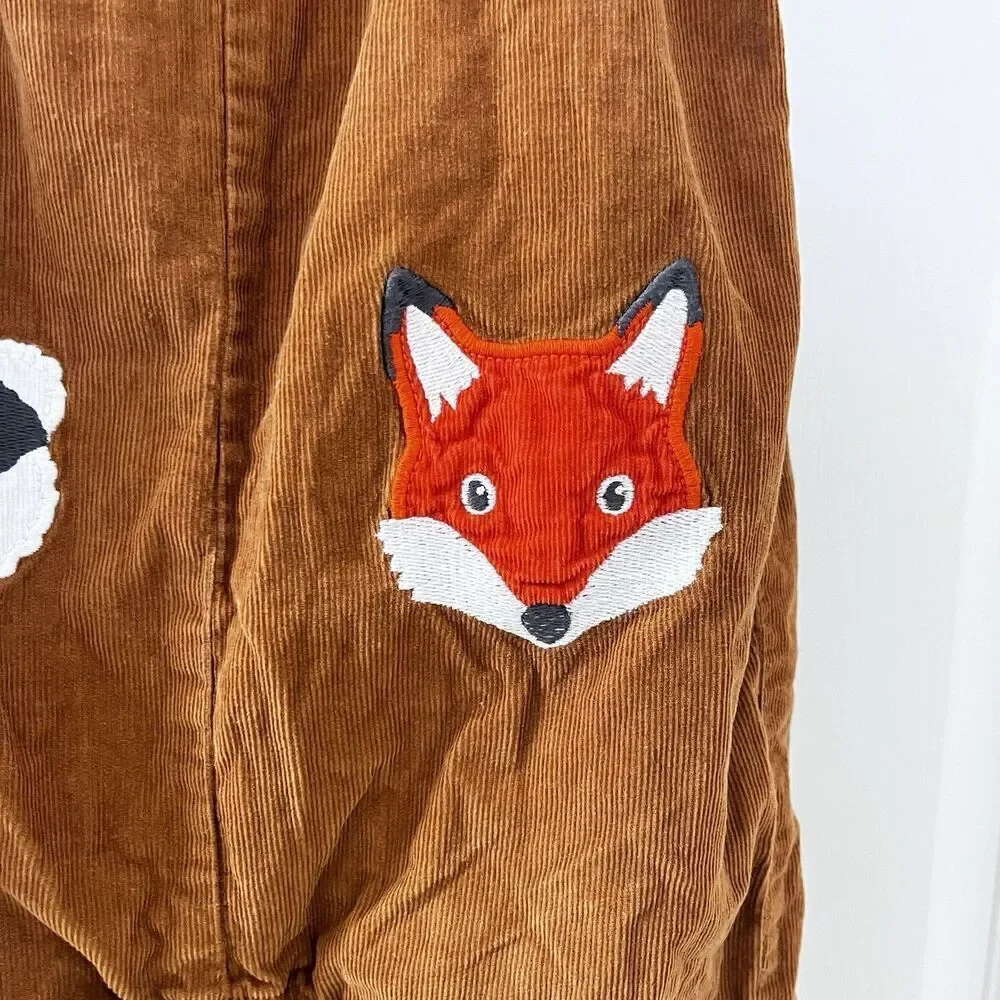 Baby Boden Badger Fox Applique Brown Corduroy Dungaree Overalls SZ 18-24 Months